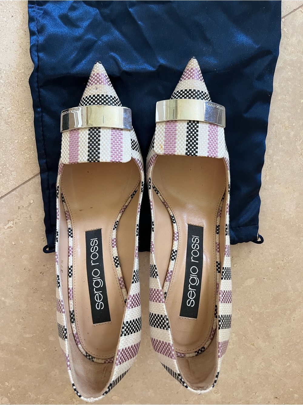 Sergio Rossi Pink and Cream Striped Pointed Flats with Silver Bar